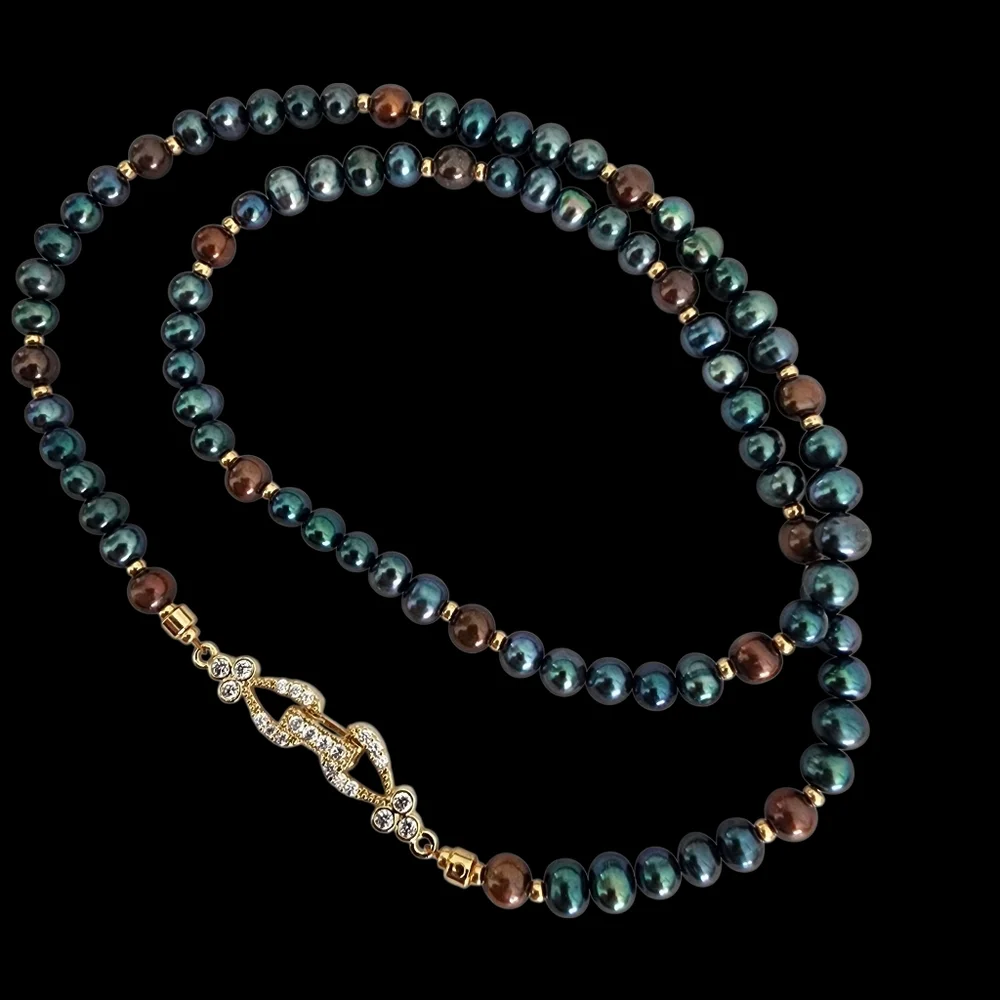 Vintage pearl necklace gold filigree clasp blue brown baby pearls A0215 -Q5 -Q2